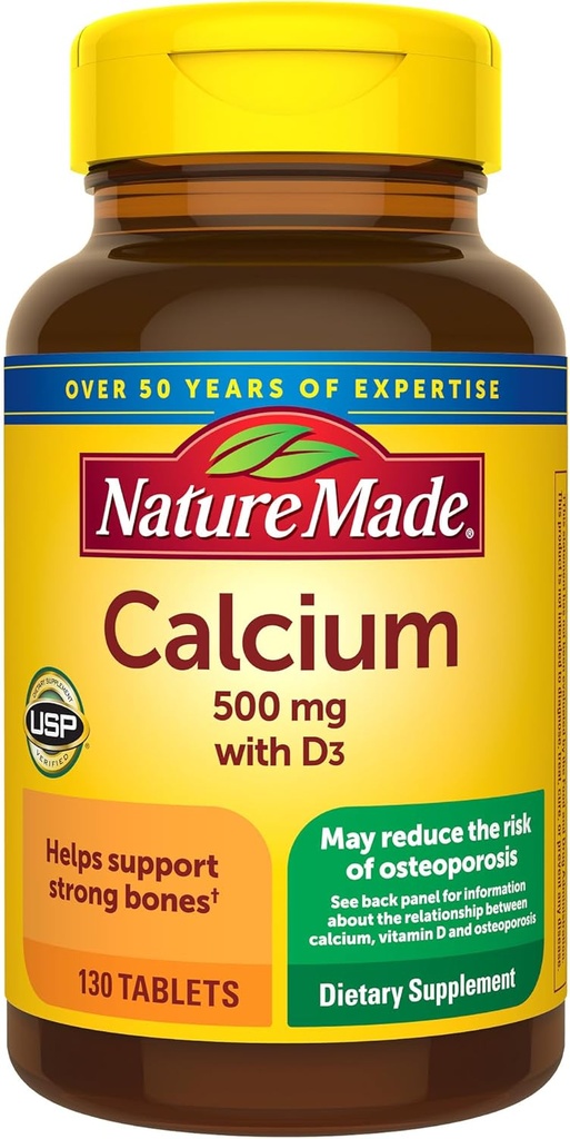 Nature Made Calcium 500 mg with Vitamin D3, Dietary Supplement for Bone Support, 130 Tablets