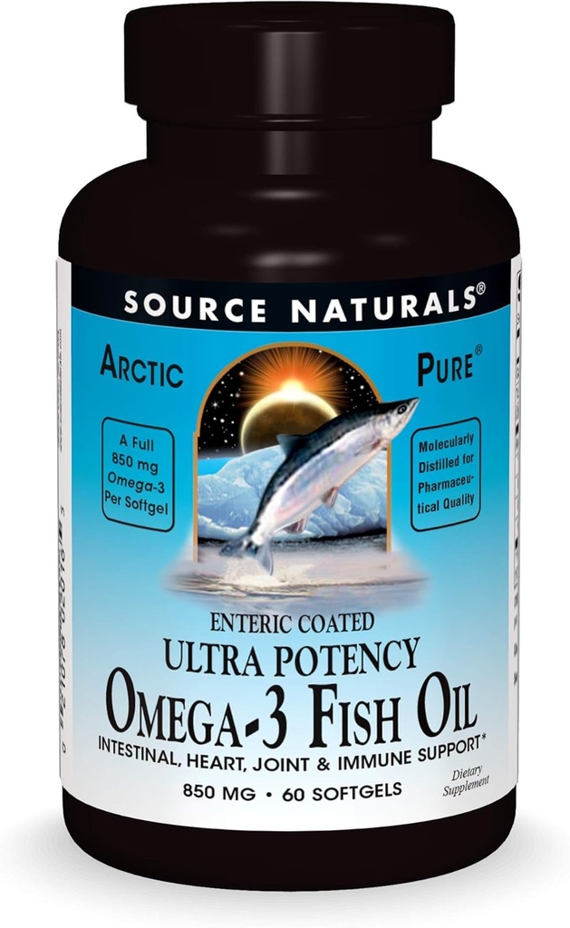 Bron Naturals ArcticPure Omega-3 Fish Oil 850mg Ultra Potency EPA + DHA For Heart, Joint, Brain & Immune Health -Enteric Coated For Sensitive Stomachs - 60 Softgels