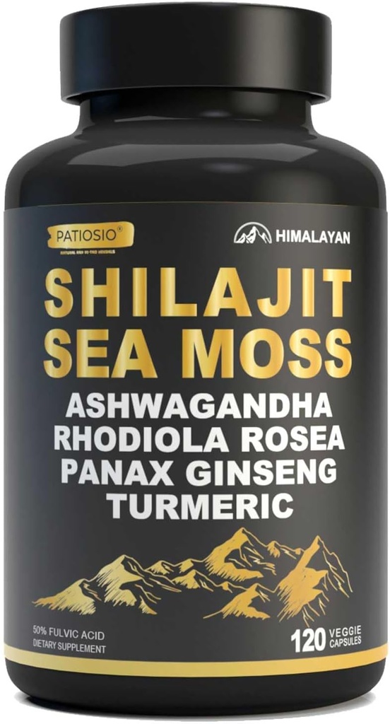 Shilajit Capsules for Men - 50% Fulvinezuur, 85+ Trace Minerals Pure Himalaya, Shilajit Resin Extract with Sea Moss, Ashwagandha-for Energy, Stamina -120 Capsules