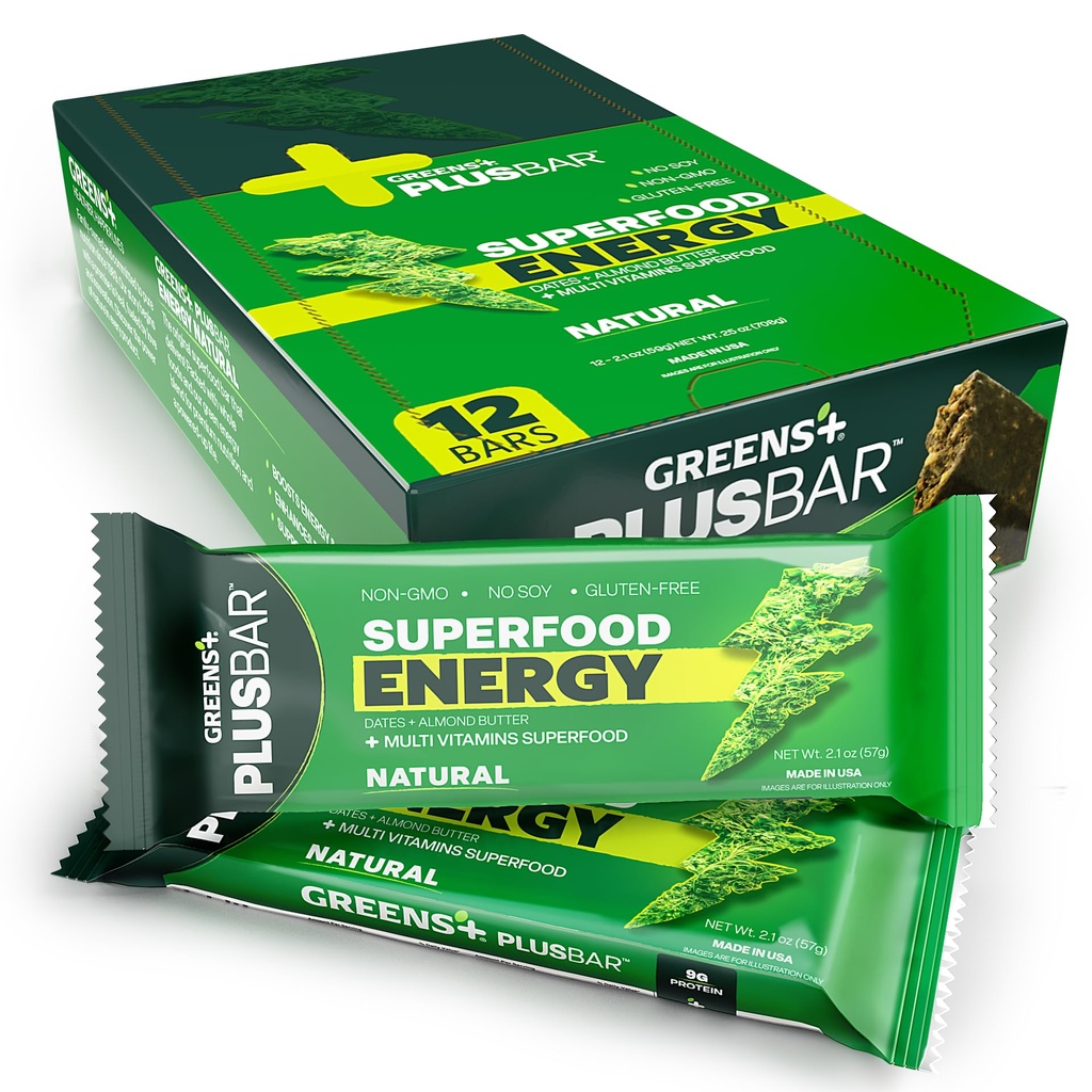 Greens+ Plusbar Energie, Natuurlijke, Glutenvrije Snack met Super Greens, Superfoods & Amandelboter, Veganistisch, Dairy-Free, Non-GMO, 10g eiwit Maaltijd Vervanging, 12 Pack