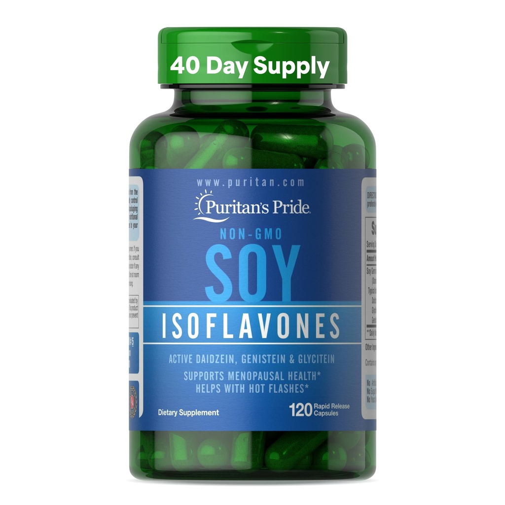 Puritan's Pride Non-GMO Soy Isoflavones 750mg, Dieetsupplement met Active Daidzein, Genistein, en Glycitein ondersteunt Menopauze en Hot Flashes, 120 Rapid Release Capsules