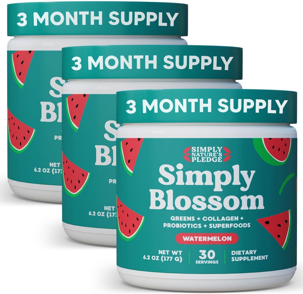 Gewoon Blossom Nutrition Daily Greens & Superfood Powder + Collageen + Probiotica voor vrouwen Digestieve Gezondheid & Bloating Relief. Help uw gezondheid Bloom - 3 maand levering - Watermeloen