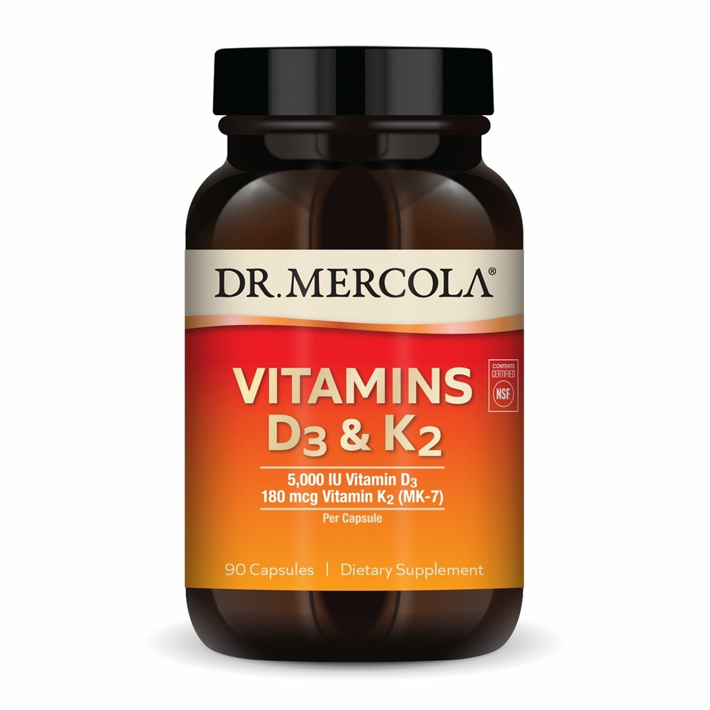 Dr. Mercola Vitaminen D3 & K2 Dieetsupplement, 90 porties (90 capsules), ondersteunt de gezondheid van het hart, Immuunondersteuning, niet GGO, sojavrij, glutenvrij