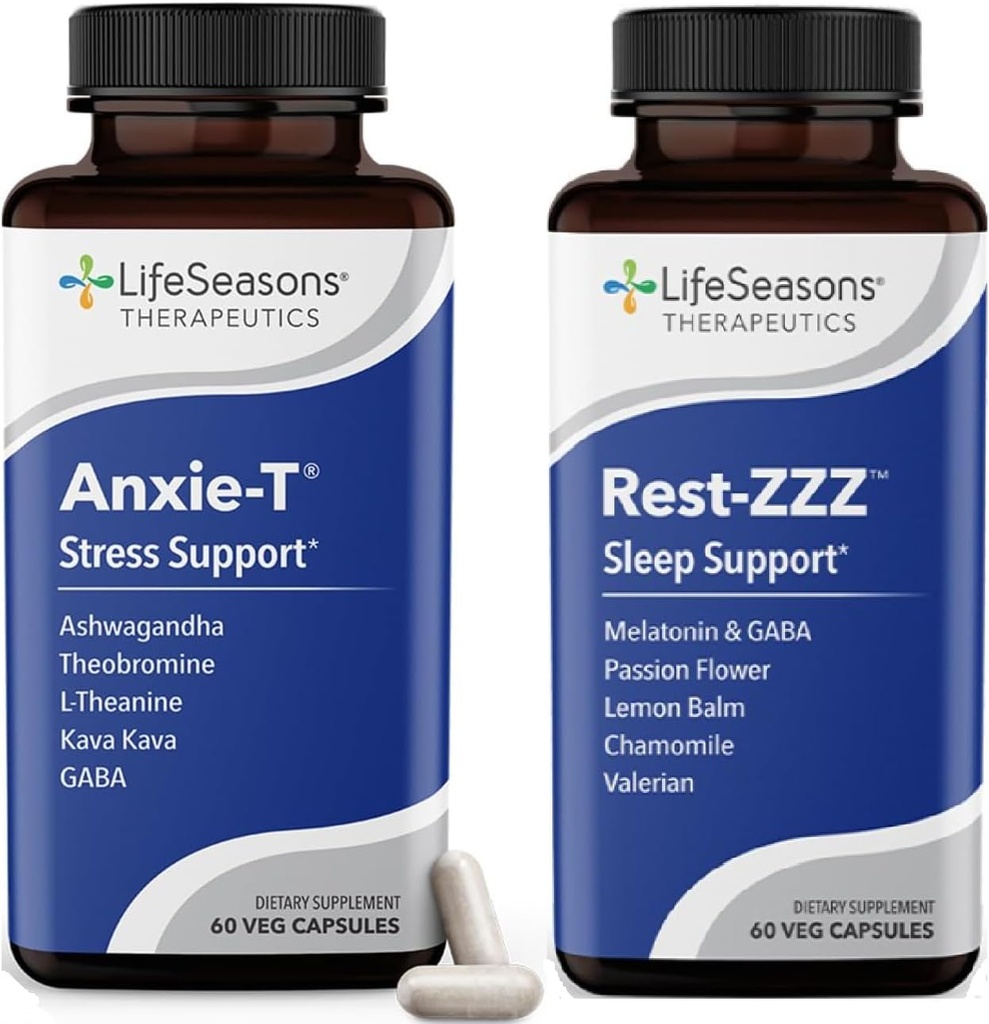 LifeSeasons Anxie-T met Rest-ZZZ - Ondersteunt Mood & Full Night's Sleep - Natuurlijk Gemakkelijke Spierspanning & Rusteloosheid - 120 Capsules