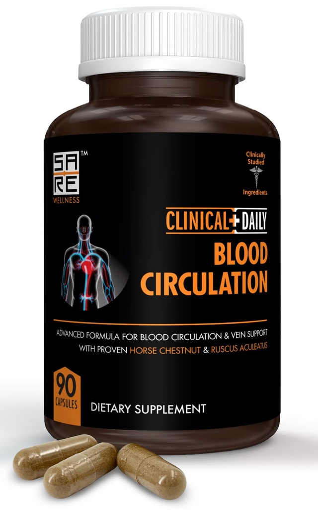 Supplément clinique quotidien de circulation sanguine. Bouchers Broom, Cheval Châtaigne, Cayenne, L-Arginine, Diosmin. Traitement à base de varices. Mauvaise circulation et soutien vein. 90 gélules