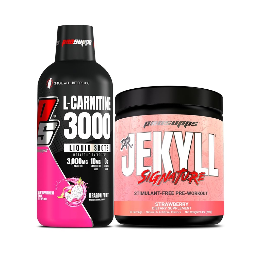 PROSUPPS L-Carnitine 3000 Stimulant Free Liquid Shots (31 Servings, Dragon Fruit) en Mr Hyde Signature Series Pre-workout Energy Powdered Drink (30 Servings, Aardbei) Bundel