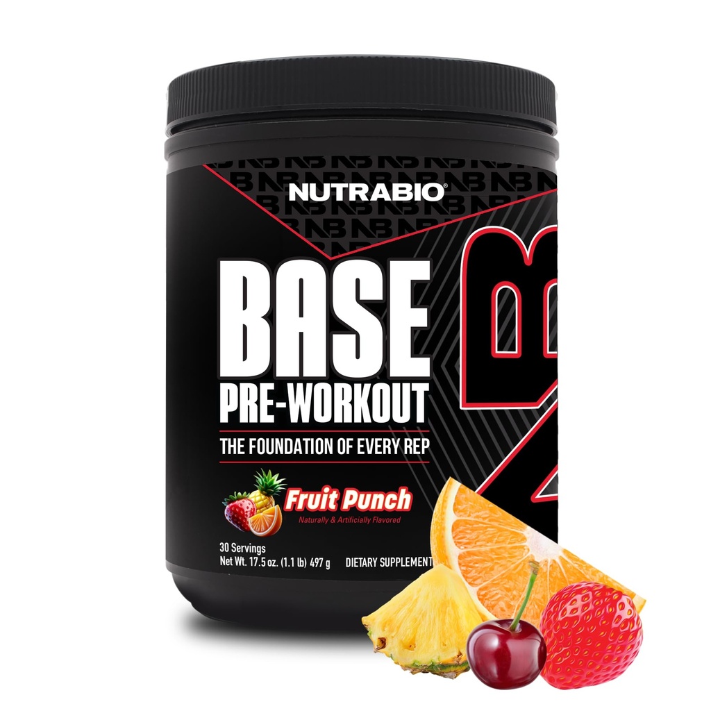 NutraBio Base Pre-Workout Powder 200mg Caffiene, Sustained Energy, Focus, Endurance, Pump, Sugar Free, Clean Preworkout voor mannen en vrouwen - Beta Alanine, L-Tyrosine, 30 porties - Fruit Punch