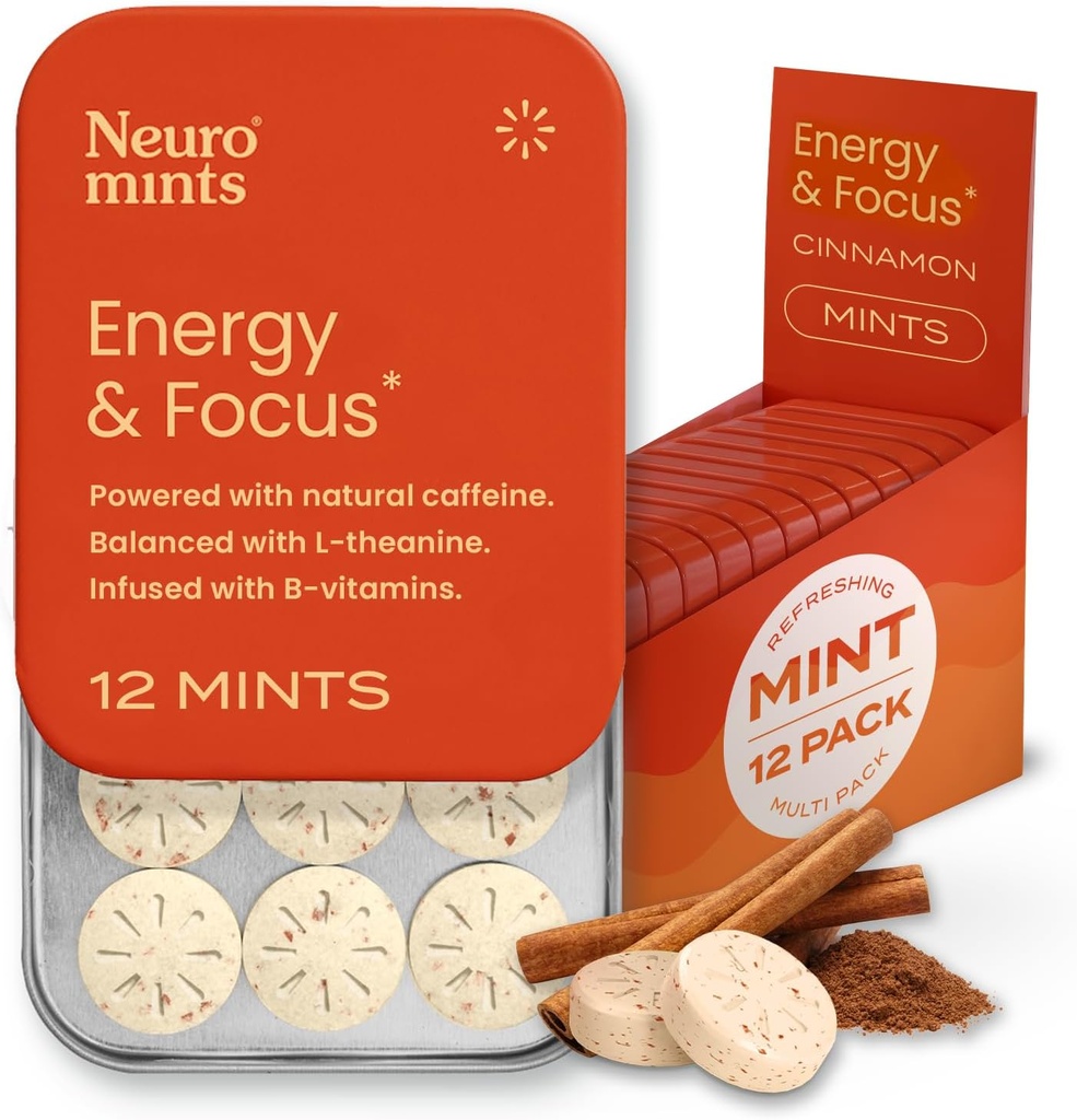 NeuroGum Energie Cafeïnemunten (144 stuks) - Suikervrij met L-theanine + Natuurlijke Cafeïne + Vitamine B12 & B6 - Nootrope Energie & Focus Supplement voor vrouwen & mannen - Keto & Vegan, kaneel smaak