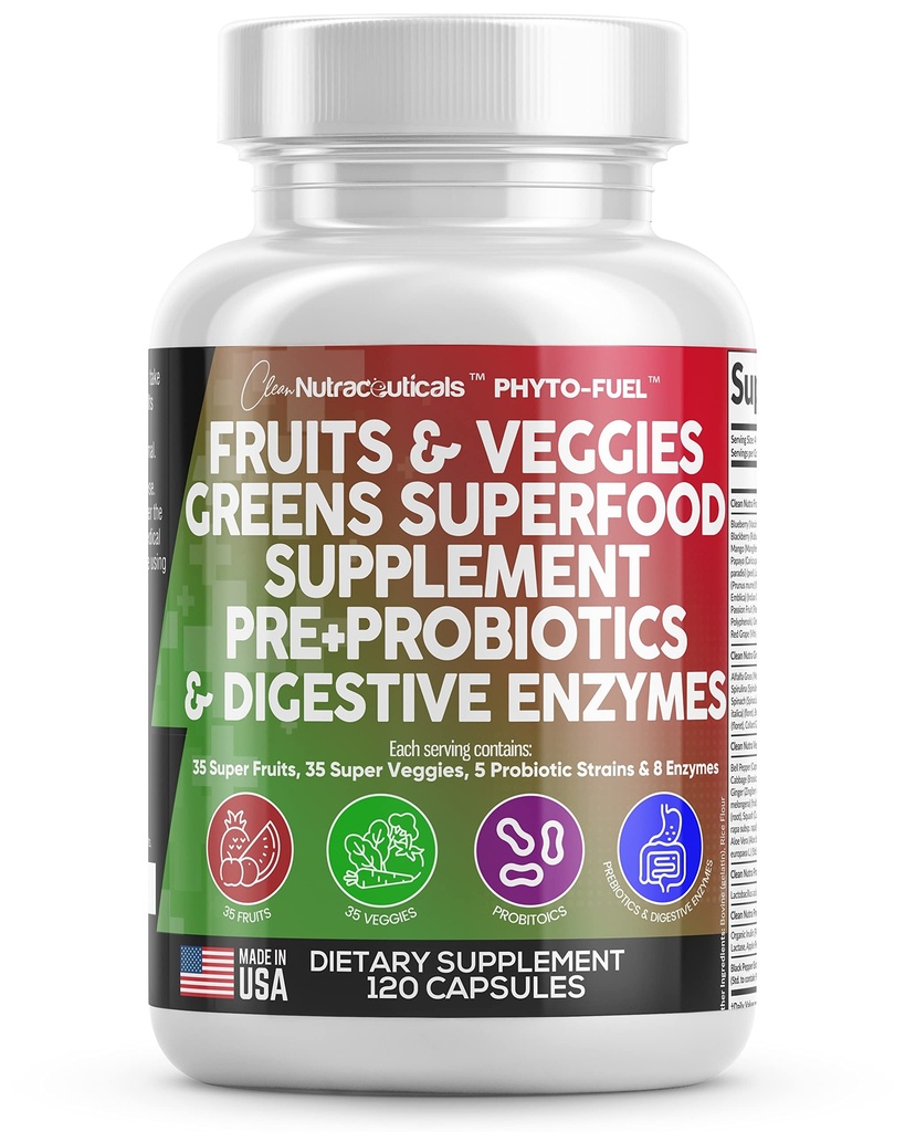 Nettoyer les nutraceutiques Fruits et légumes Supplément Rouges et vert Superfood - Balance de plus de 70 suppléments de fruits et légumes Capsules avec probiotiques Prébiotiques Enzymes digestifs - 120 Ct USA