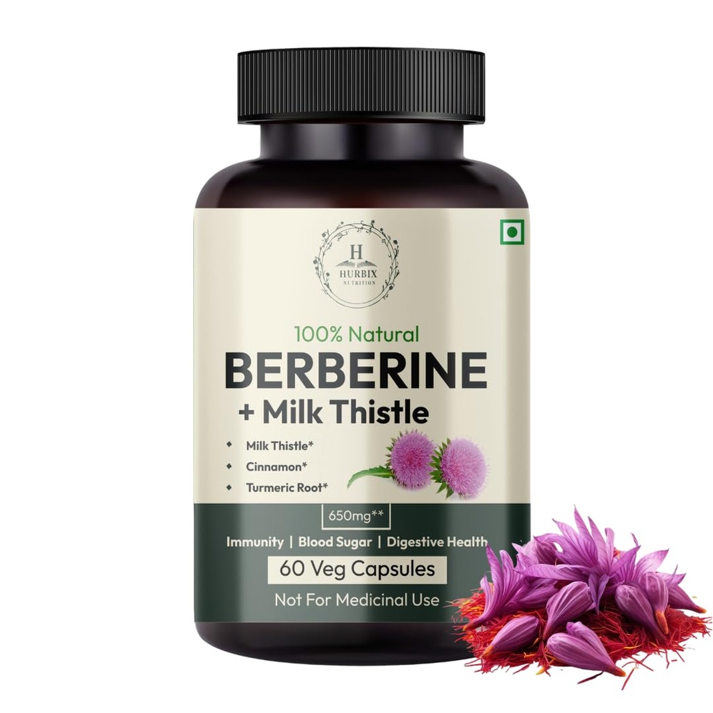 Hurbix Berberine - 1300 mg | 5 in 1 Enhanced Formula with Milk Thistle, Turmeric & Cinnamon | Premium High-Potency Formula | 60 Capsules