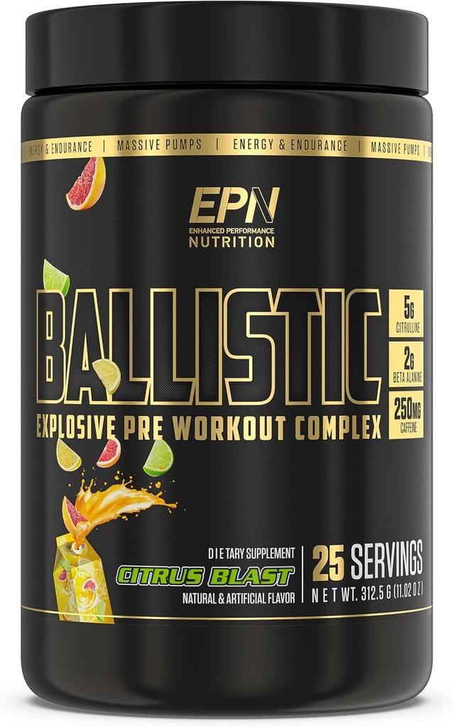 BALLISTIC Pre Workout #1 New Pre Workout Powder w/Nitric Oxide Booster, Electrolytes, Cafeïne & Nootropics, Focus, Uithoudingsvermogen, Energie, Hydration for Men & Women - Citrus Blast