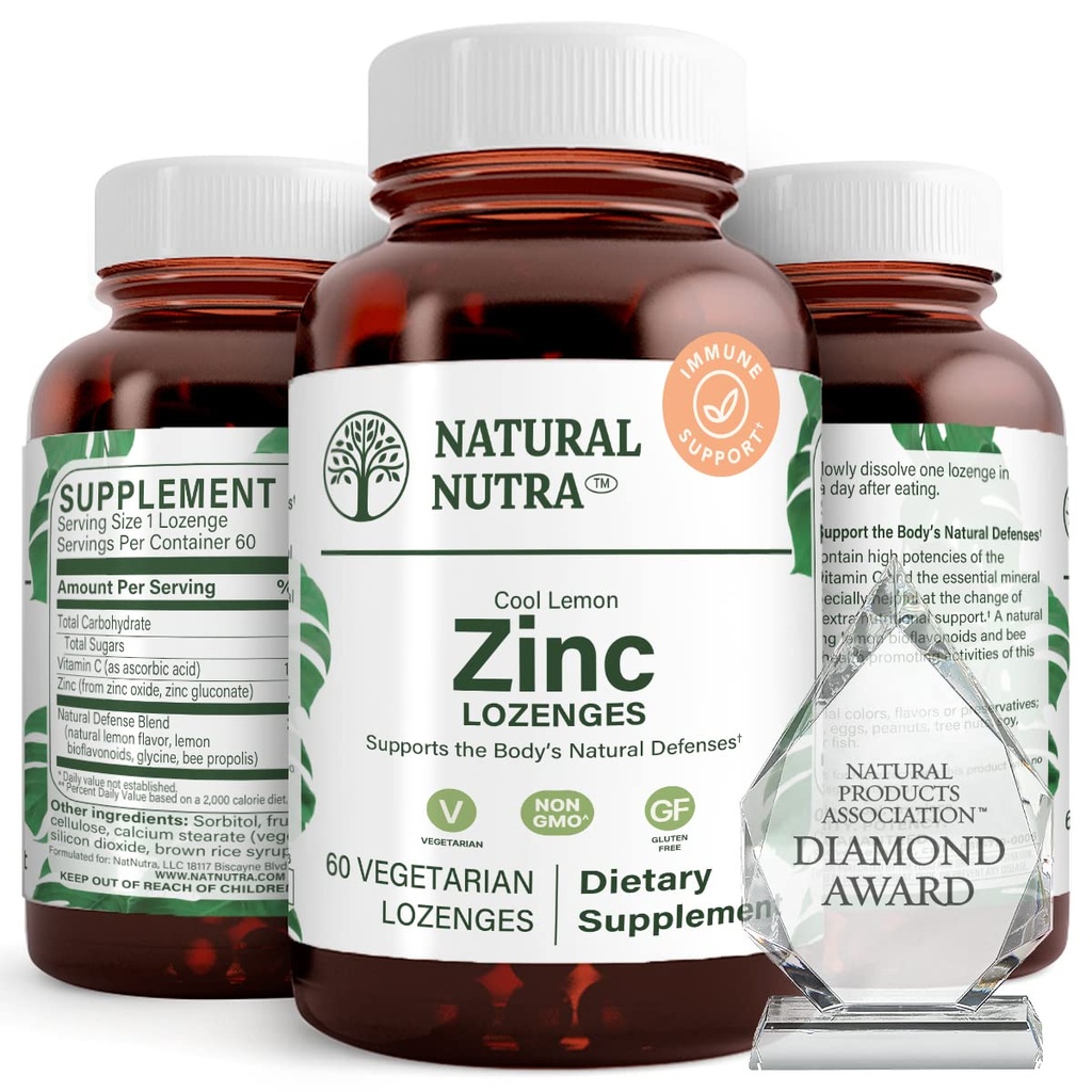 Natuurlijke Nutra zinklozen met vitamine C, citroensmaak, ondersteuning Immune, zenuwstelsel en botsterkte, versterkt met bioflavonoïden en bijenpropolis, sublingual zinkgluconaat, 60 vegetarisch
