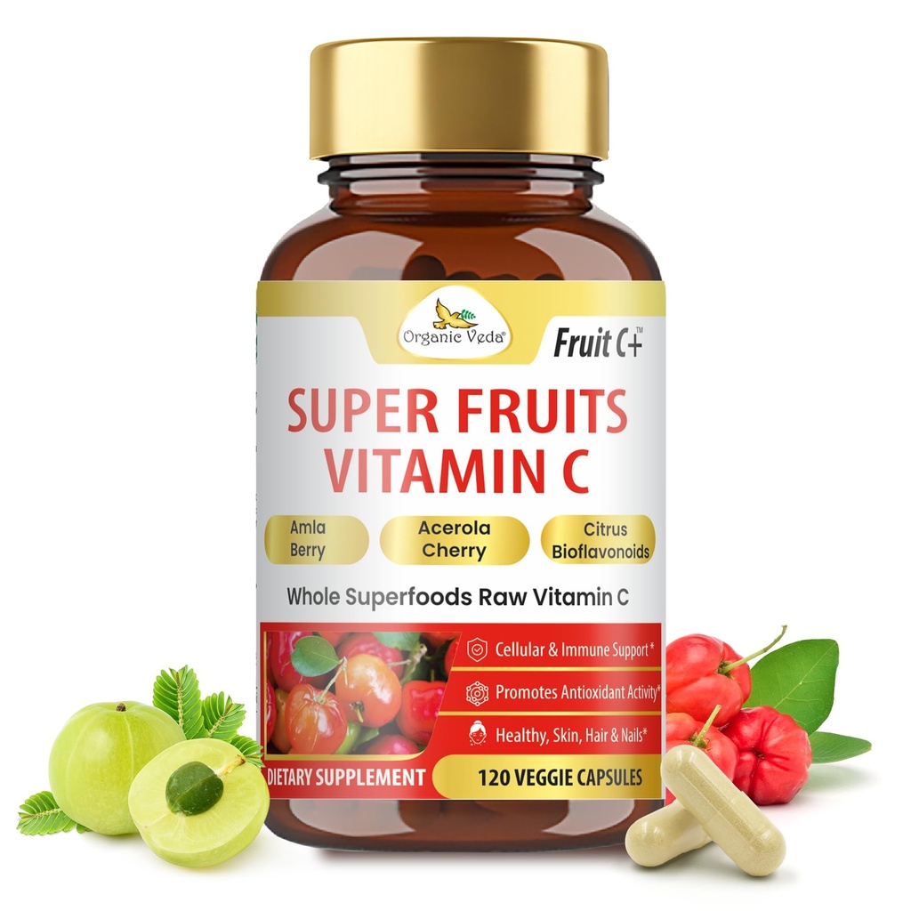 Bio Veda Superfruits Capsule de vitamine C avec cerise acérola et baies d'Amla - Complément de vitamine C naturel complet avec agrumes bioflavonoïdes pour l'immunité, la santé cellulaire et la peau - 120 pilules véganes