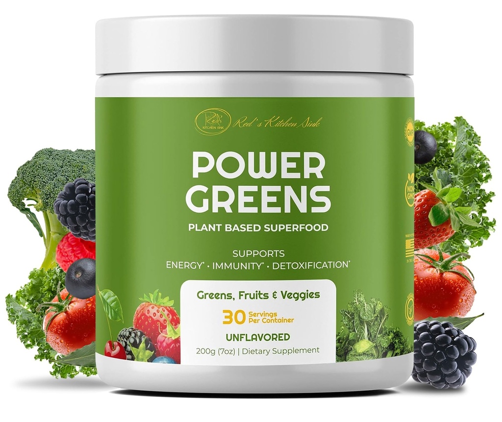Red's Kitchen Sink Power Greens Powder - Daily Greens Superfood Powder - Fruity, Veggie, & Green Leafy Smoothie Drink Mix - Superfoods Maca Root, Spirulina, Chlorella, & More (200 Gram)