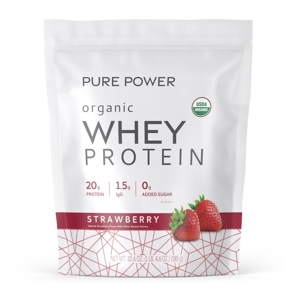 Dr Mercola Pure Power Protéine de lactosérum biologique - 20 g Protéine - Soutienne la croissance musculaire et l'énergie - Concentré de lactosérum à l'herbe - 15 portions (20,60 oz) - Fraise