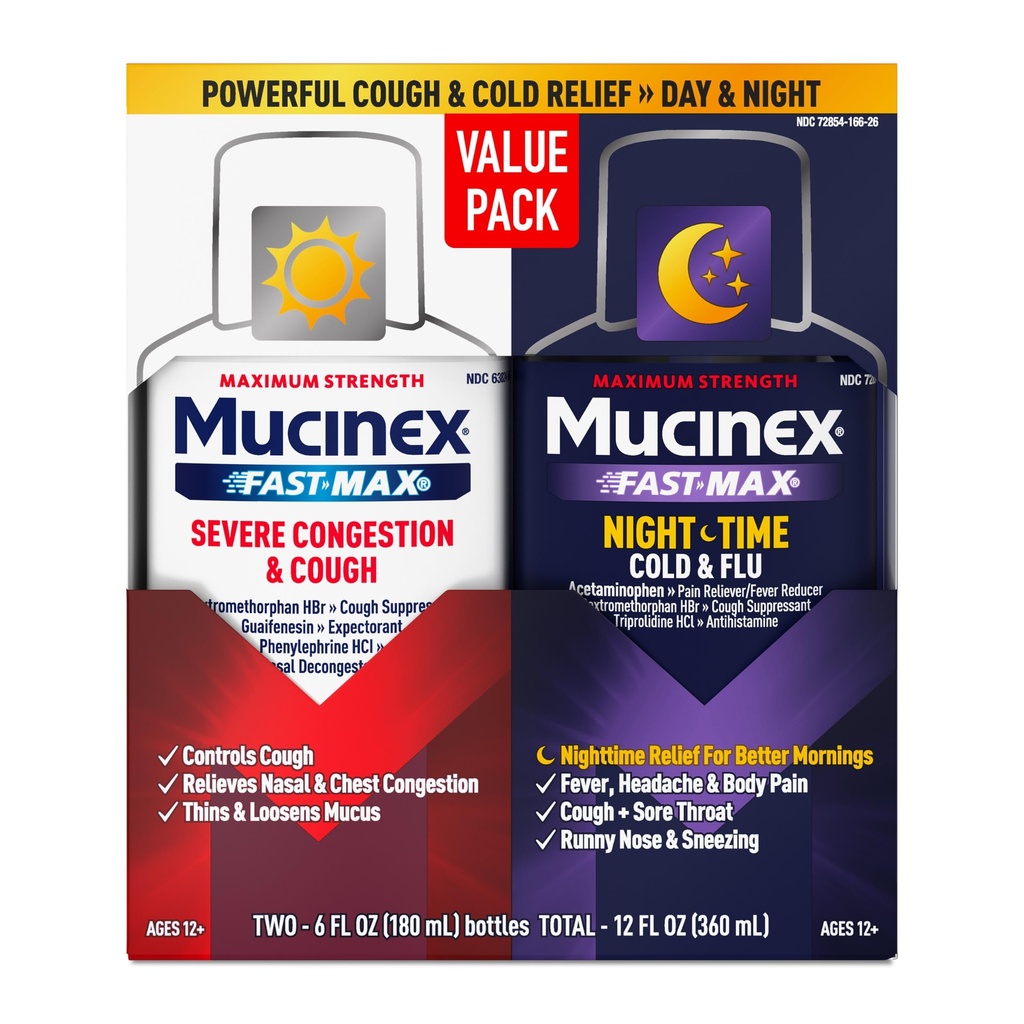 Mucinex Fast-Max & NightShift Combo Pack - Max Strength Cough & Cold Medicines for Mucus Relief, Borstcongestie, Nasale Congestie, Sinus Congestie, Sinusdruk, Hoest Symptoom Relief (2x 6 FL OZ)