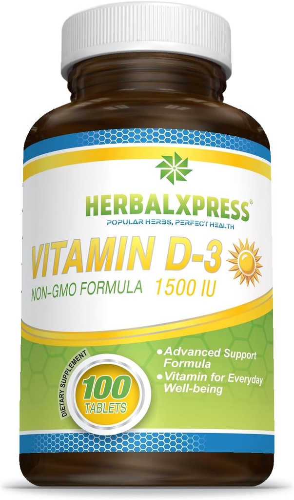 Herbalxpress Vitamine D (als cholecalciferol) 1.500 IE (100 tabletten) is de perfecte aanvulling op een gezonde levensstijl, botten, tanden, spieren, immuunfunctie, en well-being, non-GMO en glutenvrije.