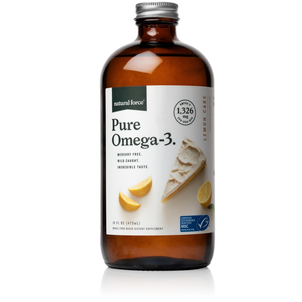 Natural Force Pure Omega 3 - Vloeibare visolie - Heerlijke citroencakesmaak - Mercury Free, Wild Caught, Lab Getest - 1,326 mg triglyceride EPA, DHA, & DPA - 16 Oz glazen fles