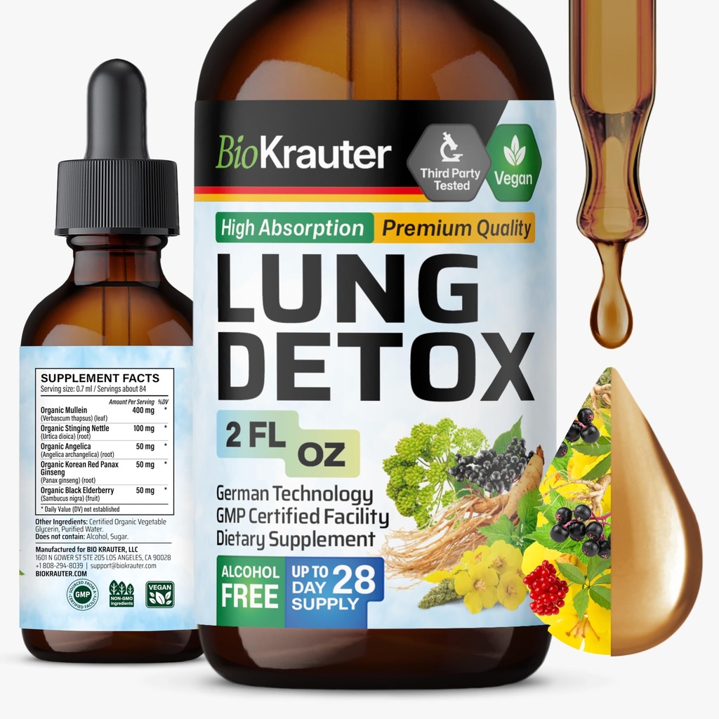 BIO KRAUTER Lung Detox Drops - Pure Vegan Lung Cleanse Liquid Form 2 Fl.Oz 28 Days of Supply - Blend Mullein, Vlierbessen, Stinging Nettle, Ginseng & Angelica Extracten - Respiratory Support