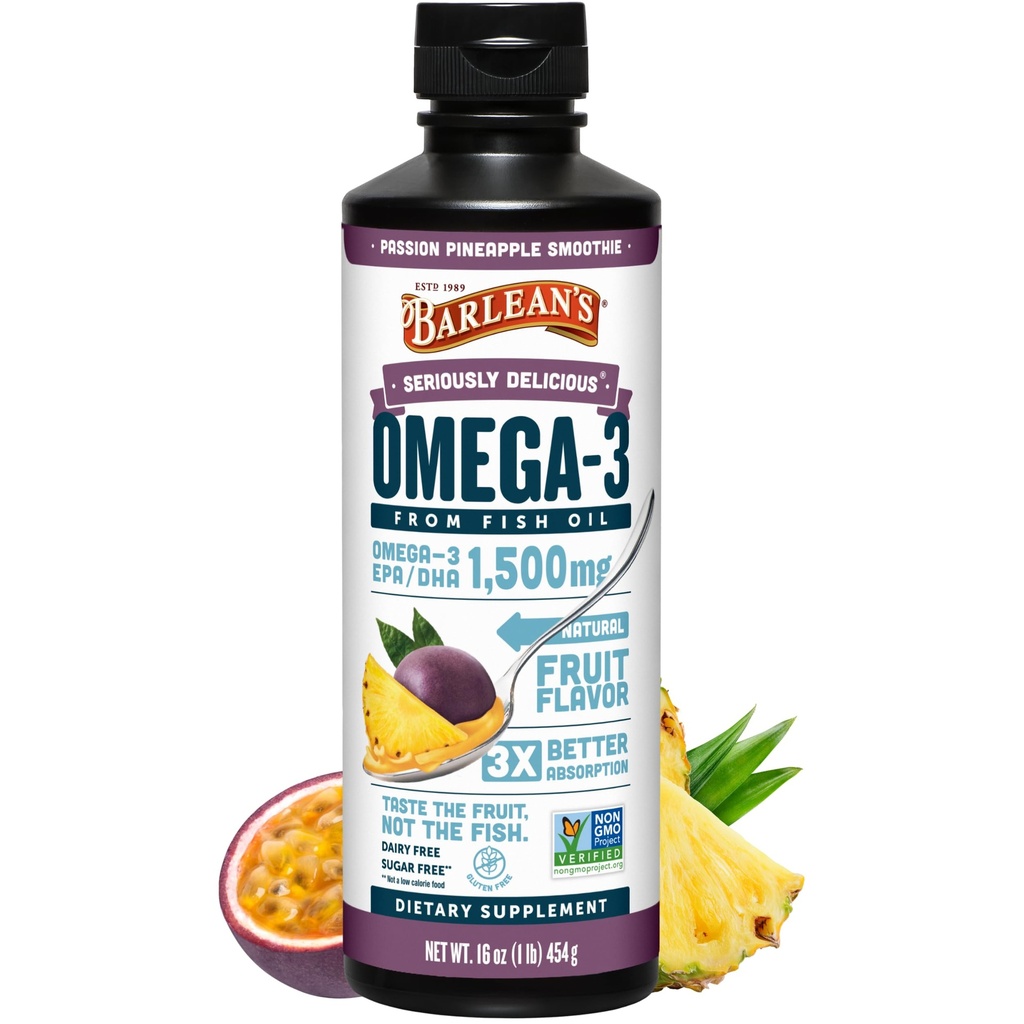 Barlean's Omega 3 Fish Oil Liquid Supplement voor mannen en vrouwen, Passie Ananas, 1500mg EPA en DHA vetzuur, 16 oz