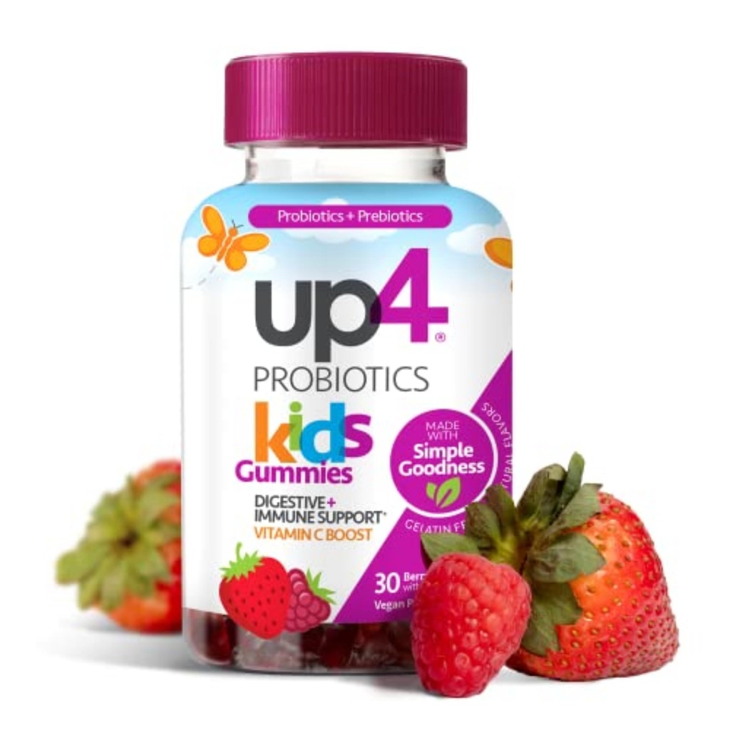 up4 Kids Probiotic Gummies, Digestive and Immune Support with Prebiotics and Vitamin C, Gelatin Free, Gluten Free and Non-GMO, For Ages 3+, 30 count
