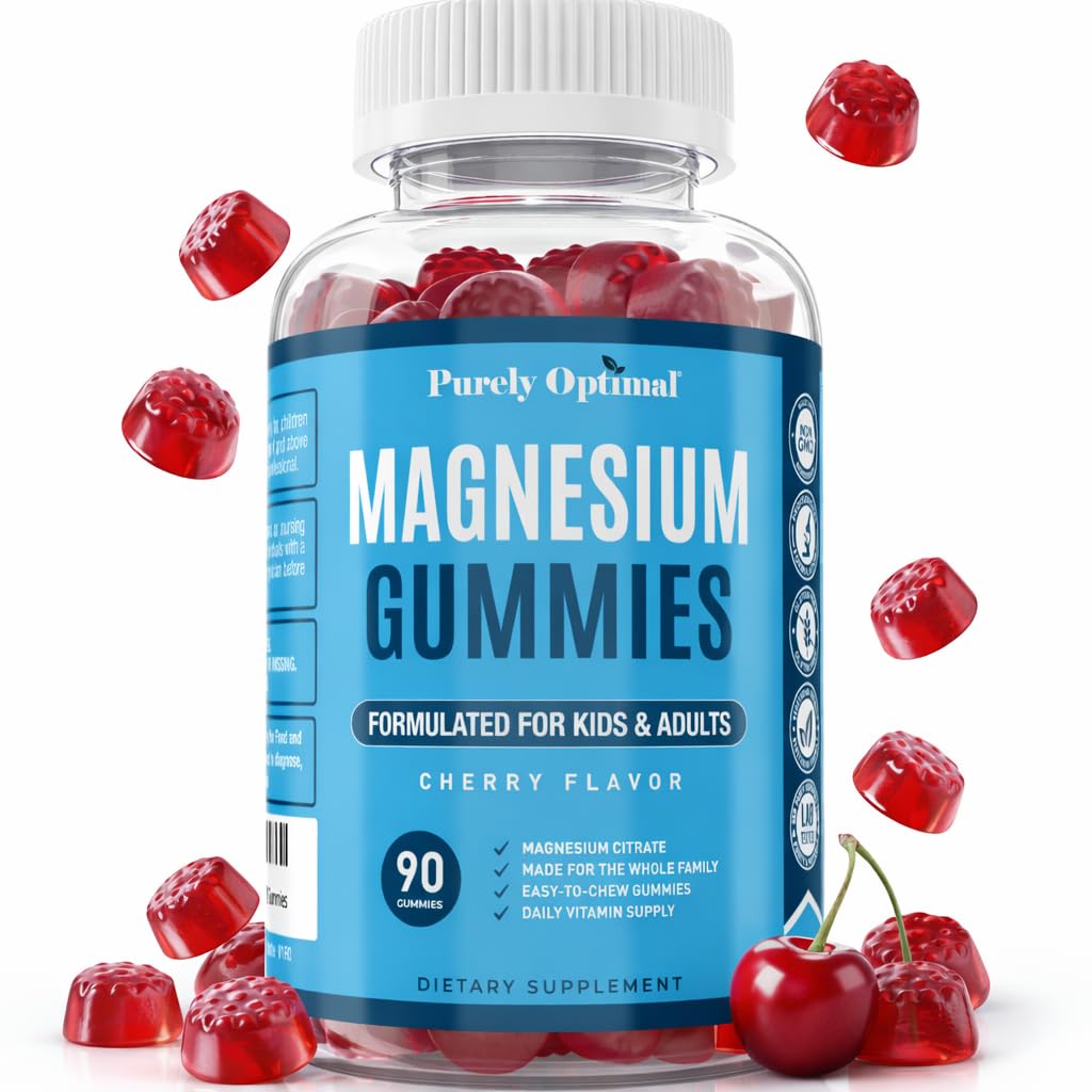 Citrate de magnésium purement optimal pour les enfants et les adultes - Delicious Cherry Flavor - Sommeil, Calme et Soutien digestif, Relaxation, Santé musculaire - Magnésium à croquer, Sans gluten, Vegan - 90 Gummies