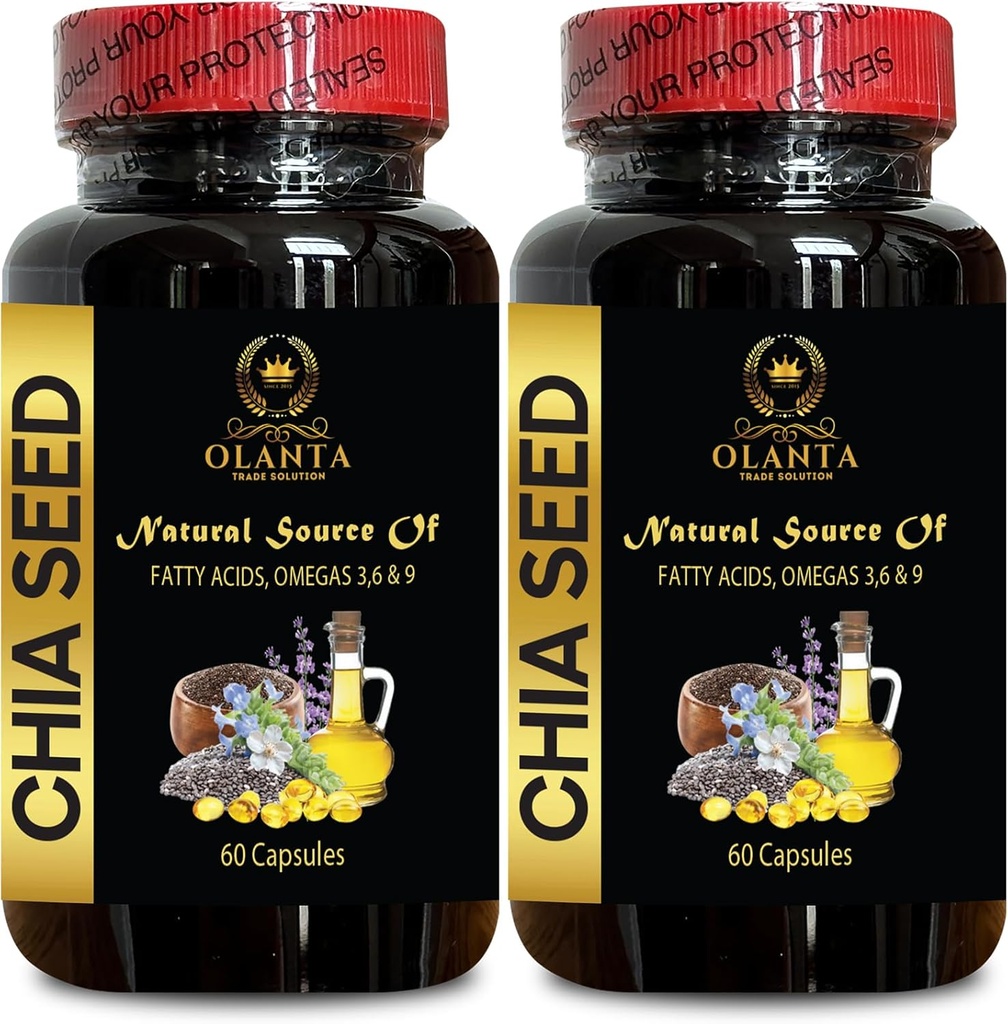 Supplément de graine CHIA - Pilules d'extrait de graine de chia, Suppléments digestifs pour la musculation, Oméga-3, Source haute fibre et protéines, Acides gras essentiels - 2 bouteilles 120 capsules