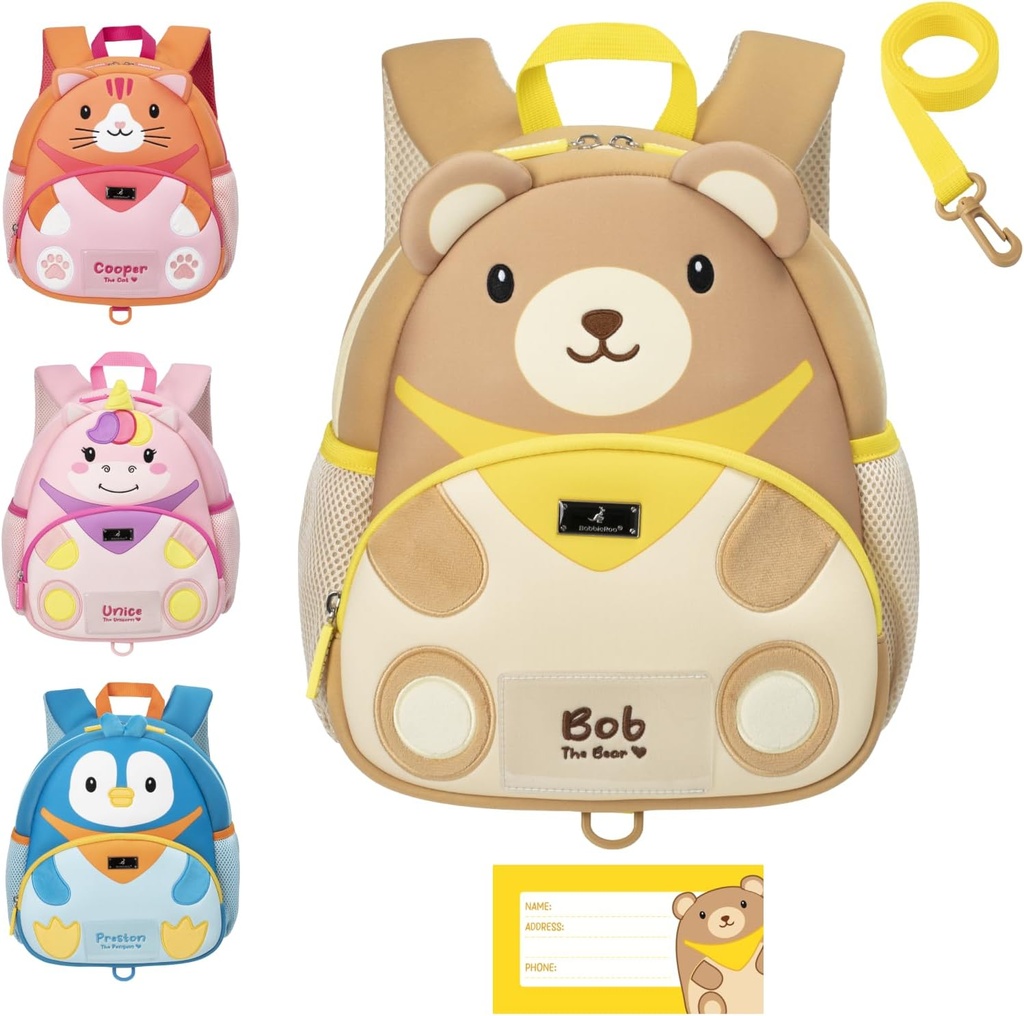 BabbleRoo Peuter Rugzak, Kinder Rugzak - Licht & Comfortabel, Waterbestendig Neopreen, Leugen voor peuters 1-3, Reflectieve Strips voor Zichtbaarheid, Dieren Rugzak, Bob De Beer