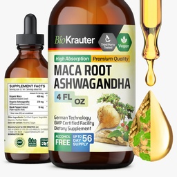 BIO KRAUTER Maca Root and Ashwagandha Tinctuur - Maca & Ashwagandha Supplements for Men & Women - Adaptogenic Liquid Supplement for Mood Support - Alcohol and Sugar Free Vegan Drops 4 Fl.Oz.