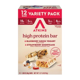 Atkins Blueberry Greek Yogurt & Aardbei Shortcake High Protein Bar, High Fiber, Keto Friendly, 12 Tellen (6 Bars Elke smaak)