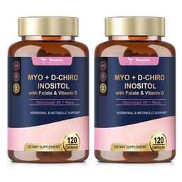 Totaria Inositol Supplement voor vrouwen met vitamine D3, Folaat, 40:1 Ratio Myo-Inositol & D-Chiro Inositol Complex, (Vitamine B8) Inositol Capsules, Verpakking van 2