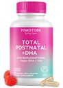Roze Ooievaars Totaal Postnatale Vitaminen voor vrouwen met Veganistische DHA, IJzer, Folaat en Vitamine B12, Postpartum Recovery Essentials, Dagelijks Supplement voor Borstvoeding moeders - 1 maand levering