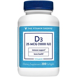 La vitamine Shoppe Vitamine D3 1000IU Softgel, soutient la santé osseuse et immunitaire, aide à la croissance cellulaire et à l'absorption de calcium, sans gluten et une fois par jour formule (200 Softgels)