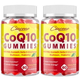 CoQ10 Gummies met PQQ - 400 MG Coenzyme Q10 High Potency, Enhanced with Ayurvedic Herbs, Adaptogenic Mushroom Blend & Probiotics for Heart, Brain, Energy, Immunity, Cherry Flavor, 120 Vegan Gummies