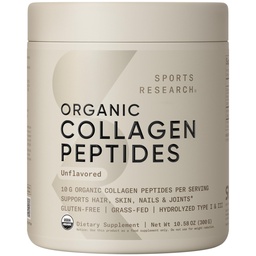 Sports Research® Biologische Collageen Peptiden - Gehydrolyseerd type I & III Collageen Proteïnepoeder duurzaam gemaakt van Grass-Fed Cows - USDA Organic· Non-GMO · Glutenvrij - Unflavored, 30 Servers