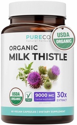 PURE CO USDA Organic Milk Thistle Supplement - 300mg of 30:1 Milk Thistle Extract with 80% Silymarin - Organic Herbal Liver Cleanse Detox & Repair - Vegan Non-GMO & Lab Verified (2 Month Supply)
