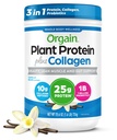Poudre de protéines d'orgaine + collagène, fève de vanille - 25g de protéines, 10g de peptides de collagène, type I et III, probiotiques 1B CFU, soutient les cheveux, la peau, les ongles, la santé articulaire et git, sans gluten - 1,6 lb