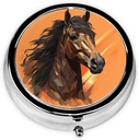 Oranje achtergrond met paard hoofd pil Box metaal ronde kleine pil geval schattig 3 Compartiment pil Organizer Portable Travel Pillbox Mini pil container houder voor dagelijkse geneeskunde supplement vitamine