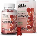 Wild & Organic Panax Ginseng Gummies 1500 mg - Korean Red Ginseng Supplement - Vegan, Non-GMO Root Powder Based Chews - 60 Tel.