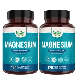 Nested Naturals Magnesium Glycinate Chelate - 200mg chelated Magnesium Supplement voor spierkrampen, ontspannen, en slaap ondersteuning - 100% Albion TRACCS gebufferd Magnesium Glycinate - 240 Vegan Capsules