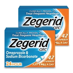 Zegerid OTC, 24-uurs Heartburn Relief, Acid Reflux Medicine and Antacidity, Treats Frequency Heartburn, Omeprazol 20mg + Natriumbicarbonaat, Proton Pump Remmers (PPI), Twee 42ct dozen