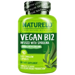 NATURELO Vegan B12 - Methyl B12 met Organische Spirulina - Hoge Potentie Vitamine B12 1000 mcg Methylcobalamine - Ondersteunt gezonde Mood, Energie, Hart & Oog Gezondheid - 90 Capsules