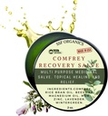 SSF Organics Comfrey Recovery Salve. Biologische kruidenbalsem voor botten, spieren, gewrichten, knieën, huid, zwelling en tatoeageverzorging. Handgemaakt, langzaam-geïnfundeerd. Geen chemische fillers. 2 oz