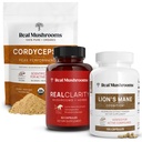 Véritables champignons RealClarity (60ct) & Lions Mane (120ct) Capsules w/Cordyceps Powder Bundle - Supplément de champignons pour la clarté mentale, focus, cognition, énergie et vitalité - végétalien, non-OGM