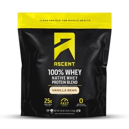 Ascent 100% Whey, Native Whey Protein Blend - Clean Post Workout Recovery, Digesting, Zéro arômes et édulcorants artificiels, sans gluten, 5,5g BCAA, 2,6g Leucine, Vanilla Bean 4 lb.