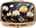 Dynippy Pill Case Pill Box met spiegel Retro Pocket 2 Compartiment Medicine Case Vitamine Pill Organizer voor Pocket Purse en Reizen (Goud- Bloem 1)