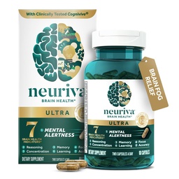 NEURIVA Ultra Decaffeïnated Clinically Tested Nootrope Brain Supplement for Mental Alertness, Memory, Focus & Concentration, Cognivive, Neurofactor, Fosfatidylserine, Vitamines B6 B12, 60 Capsules