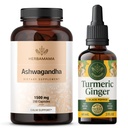 HERBAMAMA Ashwagandha and Turmeric Ginger Kit - bundel van 1500 mg Ashwagandha Root Capsules & Turmeric Ginger Tinctuur 2 fl oz - Vegan, Non-GMO, Sugar & Alcohol-Free - 2 Pack