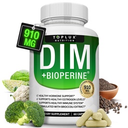 Dim Supplement 910 mg Plus BioPerine Complex - Diindolylmethaan ter ondersteuning van hormoonbalans en oestrogeen Metabolisme, helpt met Menopauze Acne PCOS Better Skin Bodybuilding, voor mannen Vrouwen, 60 capsules