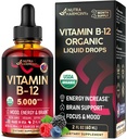 USDA Vitamine biologique B12 gouttes sublinguales - 5000 mcg Méthylcobalamine végane liquide pour les femmes et les hommes - Boost énergétique, focus et humeur, soutien à la santé cérébrale - Maximiser l'absorption - 2 mois d'approvisionnement, 2 fl oz
